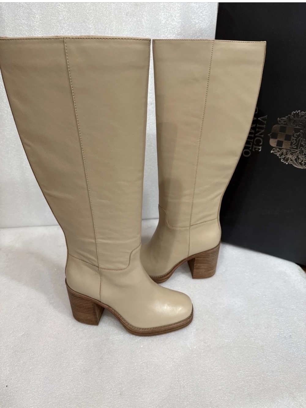 Vince Camuto Cream/Buff Leather Knee-High Block Heel Boots GIBI new